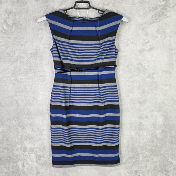 Womens Calvin Klein Blue & Black Striped Sleeveless Sheath Dress Polyester 8 - Picture 2 of 9